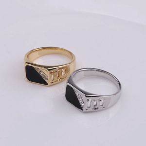 Classic men's ring with black enamel triangle and white rhinestones in gold and silver