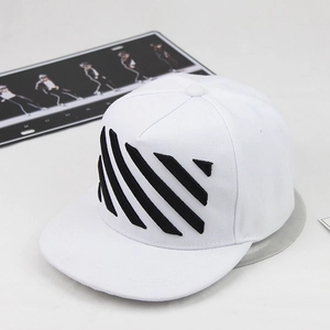 Detail of diagonal stripe embroidery on a white flat-brim hip-hop cap with cotton texture