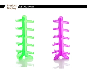 Five-tier dual-sided neon plastic sunglasses display stand in green and purple