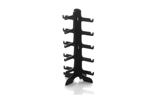 Five-tier black plastic eyewear display stand with dual-sided hooks on white background