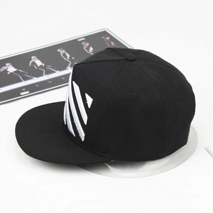 Hip hop snapback hat with three white diagonal stripes embroidery on black cotton canvas