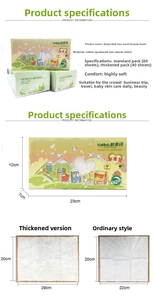 Detailed spec sheet for cotton disposable towels showing thickness and 20x22cm sheet dimensions
