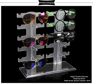 Detailed macro view of clear acrylic eyeglass display stand with multi-layer tiers