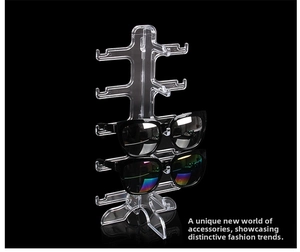 Five-tier clear acrylic sunglass display stand with stable base on a black background