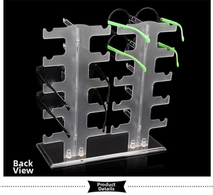 Rear view of a 10-tier clear acrylic dual-pillar display stand for various eyewear styles