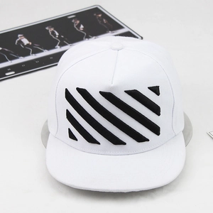 Detail of white flat brim hip-hop hat with black diagonal stripe embroidery design