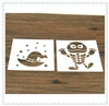 Detailed view of plastic coffee stencils with wizard hat and skull stencil designs