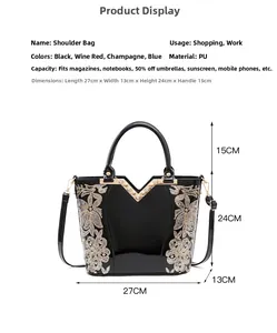 Détails du sac à main noir en similicuir avec broderie florale et dimensions du sac