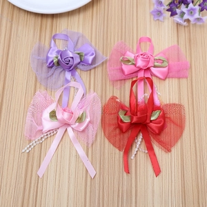 Handmade ribbon rose bows with green leaves and pearl beads for DIY craft accessories