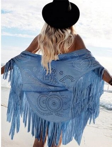 Women's blue hollow-out tassel beach shawl with retro fringe detail in suede-like finish