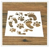 Detail of Christmas coffee stencils featuring animal and human footprint patterns on wood