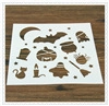 Flat lay of 20-piece Halloween coffee stencils with pumpkin and bat patterns on wood