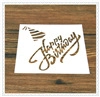 Detail of Happy Birthday stencil template for coffee dusting on dark wood surface