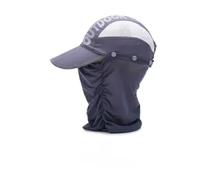 Detail of dark grey sun hat with face cover neck flap and breathable mesh panels