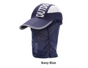 Detail of navy blue sun hat with outdoor text, mesh panels and face cover protection