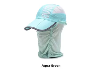 Detail of aqua green outdoor sun hat with detachable mesh face cover and OUTDOOR text