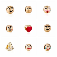 Selection of golden emoji charms including heart, wink, and funny icons for DIY jewelry