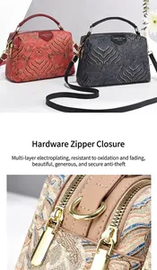 Dettaglio delle doppie cerniere dorate e della trama del tessuto jacquard della borsa