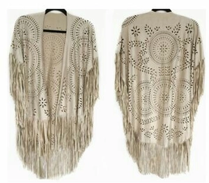 Beige hollow-out tassel poncho featuring bohemian floral patterns in a dual-view display