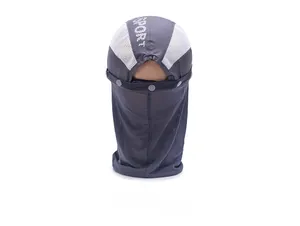 Detail of dark gray outdoor sun shield with breathable white mesh and SPORT print