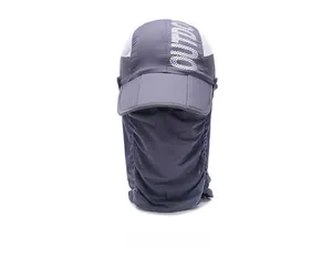 Front view of grey-blue outdoor sun hat with neck flap, face mask and mesh panels