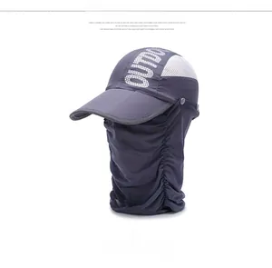 Detail of dark grey foldable sun hat with breathable mesh and protective neck flap