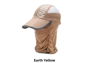 Detail of khaki outdoor sun hat featuring breathable mesh and wide neck protection flap