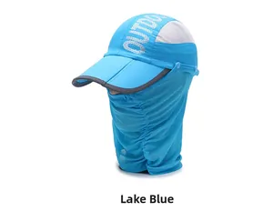 Detail of lake blue outdoor sun hat with integrated face mask and breathable mesh
