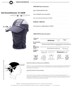 Size chart for adjustable sun hat with 10.5cm brim and detailed head measurement guide