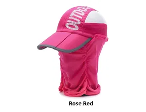 Detail of rose red sun hat featuring outdoor text and protective face neck cover