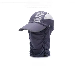 Detail of grey foldable outdoor sun hat with breathable mesh and detachable face cover