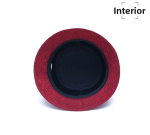 Inside view of breathable linen sun hat showing sweatband and red-black woven brim