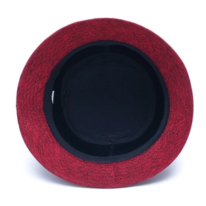 Women's summer wide brim linen sun hat with elegant red and black textured jazz style