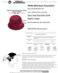 Size guide for women's linen sun hat featuring 57cm circumference and 5cm brim details
