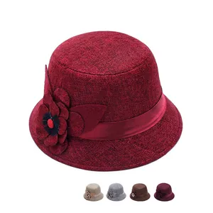 Women Linen Cloche Bucket Hat Breathable Sun Protection Summer Travel Foldable Elegant Flower Decor Casual Sunshade