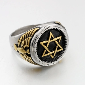Stainless steel military ring with gold hexagram star and eagle relief design