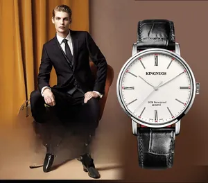 Detailed close-up of a men's quartz watch with a white Roman numeral dial and black leather strap
