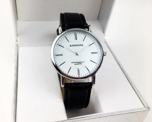 Classic men's quartz watch with Roman numerals and black leather strap in a gift box