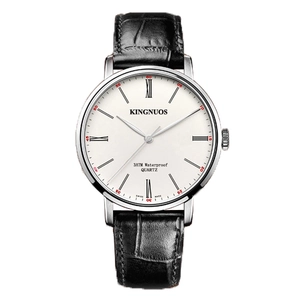 Classic men's business quartz watch with white Roman dial and black leather strap
