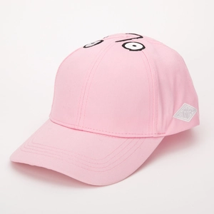 Close-up of pink cotton baseball cap featuring unique eye embroidery and side cloth patch