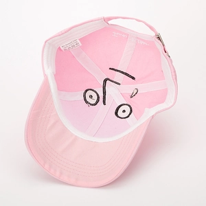 Pink cotton baseball cap with cartoon face embroidery and adjustable metal buckle