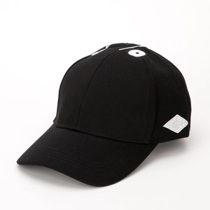 Black cotton baseball cap with white face eyes embroidery and side diamond patch