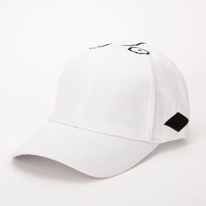 White cotton baseball cap featuring unique cartoon eyes embroidery and a side diamond patch