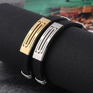 Macro shot of gold and silver titanium steel plates on black silicone bracelet bands
