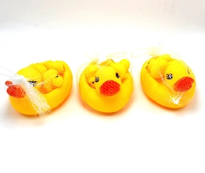 Three mesh sets of yellow squeaky rubber duck bath toys including big and small ducks