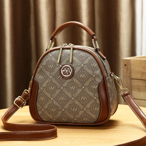 Mini brown retro half-round crossbody bag with brand logo prints and gold zippers