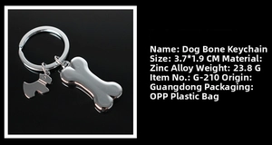 Detailed specs of bone-shaped zinc alloy keychain with puppy pendant on black background