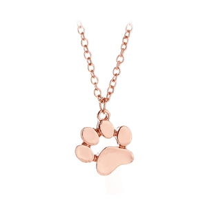Cute rose gold cat paw print pendant necklace with delicate alloy chain on white background