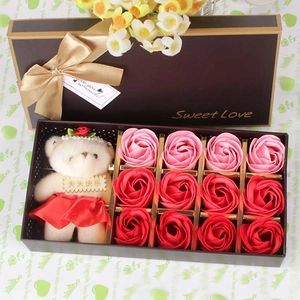 Romantic gift box with 11 soap roses and a plush bear for Valentine's Day decor