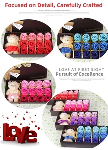 Detail of 12-piece soap rose flower gift box with a teddy bear and Sweet Love logo